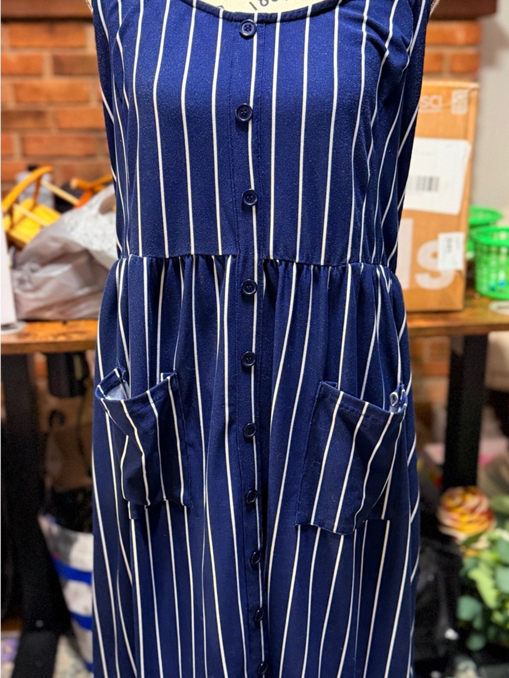 Justify Navy and Ivory Striped Button-Front Dress